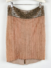 Patrizia Pepe Sera 2000s Blush Feather-Fringe Pencil Skirt with Beaded Waistband - M