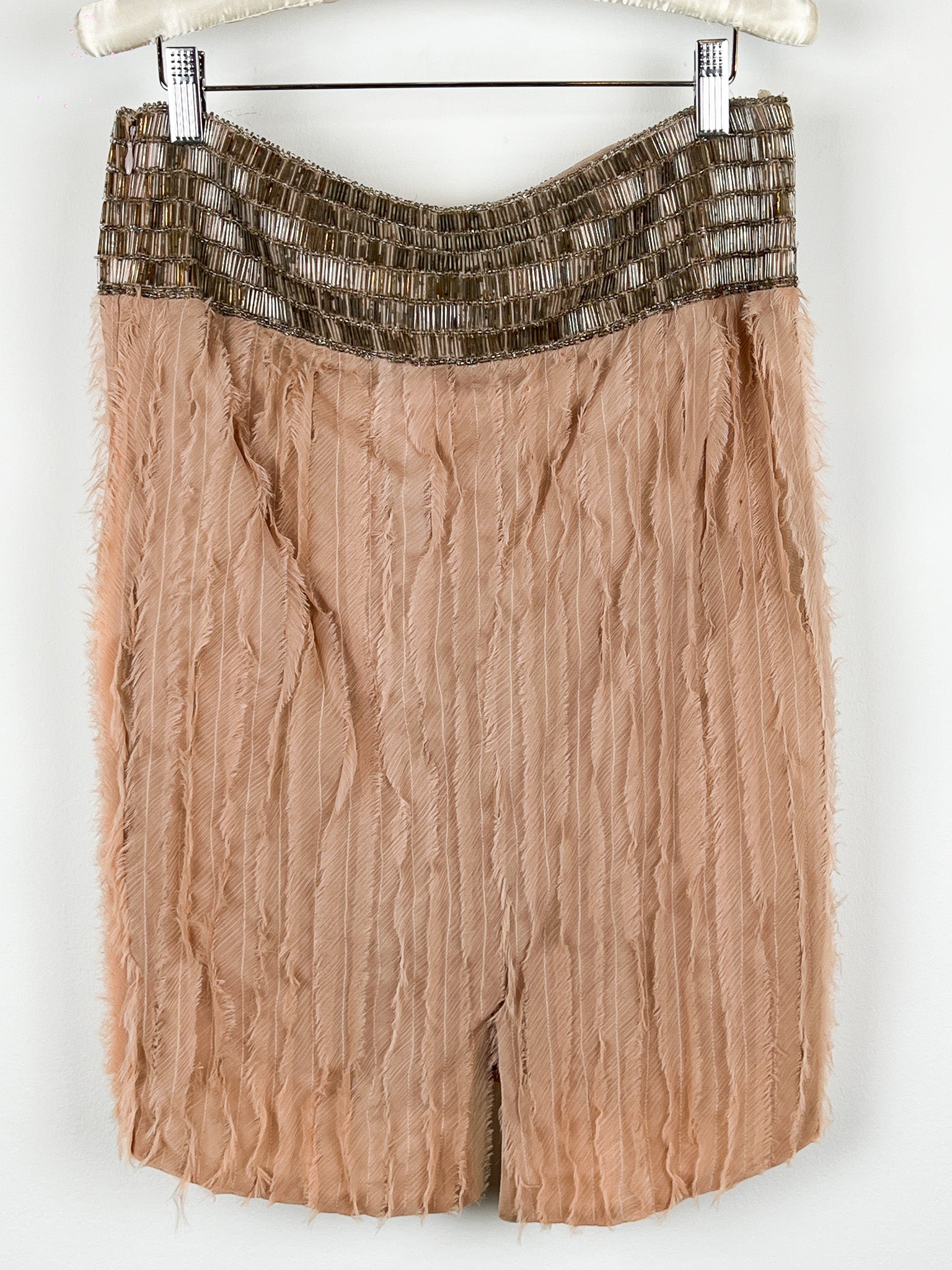 Patrizia Pepe Sera 2000s Blush Feather-Fringe Pencil Skirt with Beaded Waistband - M