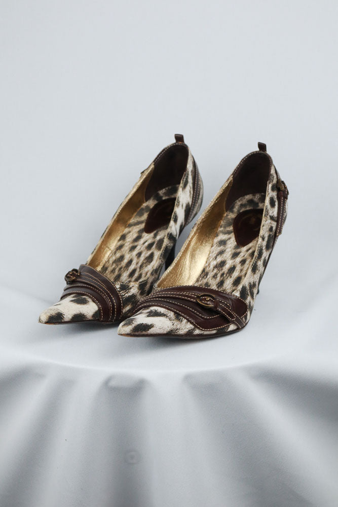 Just Cavalli Canvas Snow Leopard Heels with Brown Leather