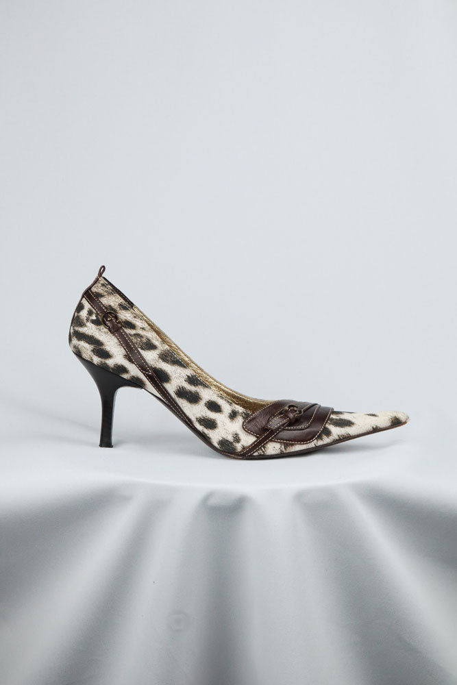 Just Cavalli Canvas Snow Leopard Heels with Brown Leather