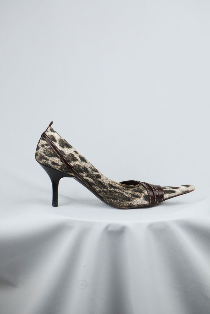 Just Cavalli Canvas Snow Leopard Heels with Brown Leather