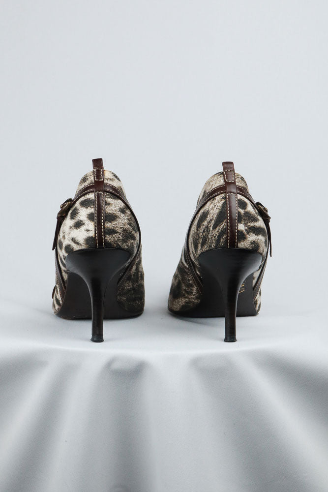 Just Cavalli Canvas Snow Leopard Heels with Brown Leather