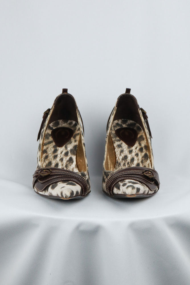Just Cavalli Canvas Snow Leopard Heels with Brown Leather
