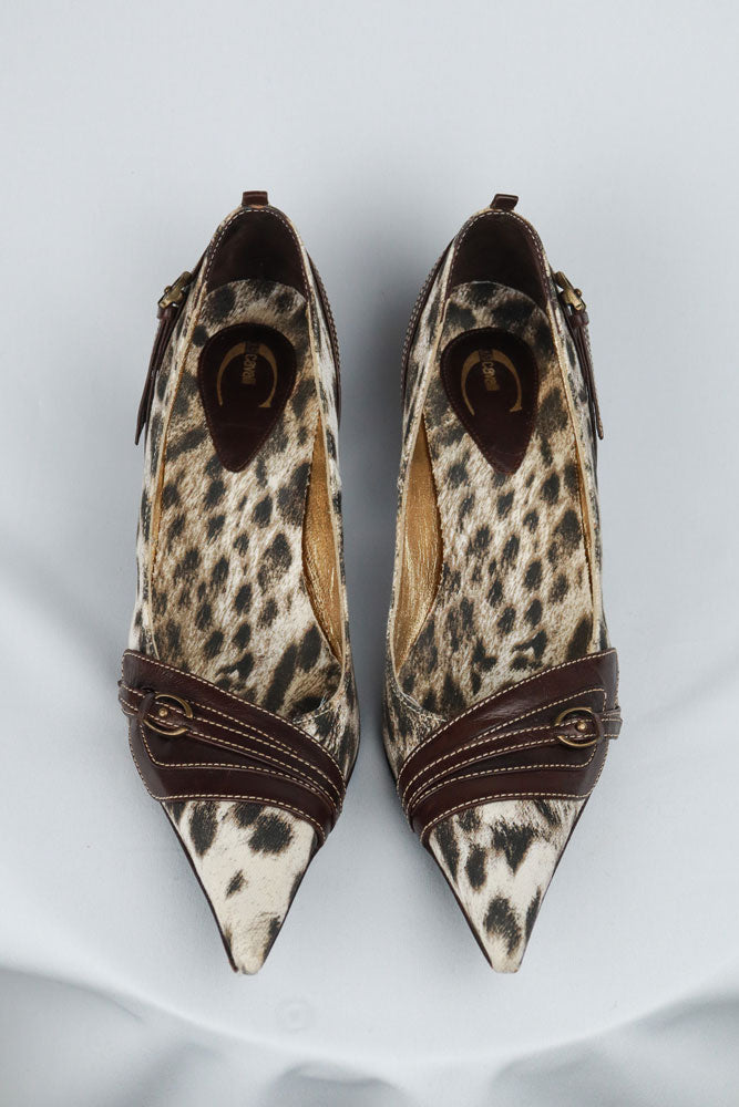 Just Cavalli Canvas Snow Leopard Heels with Brown Leather