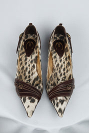 Just Cavalli Canvas Snow Leopard Heels with Brown Leather