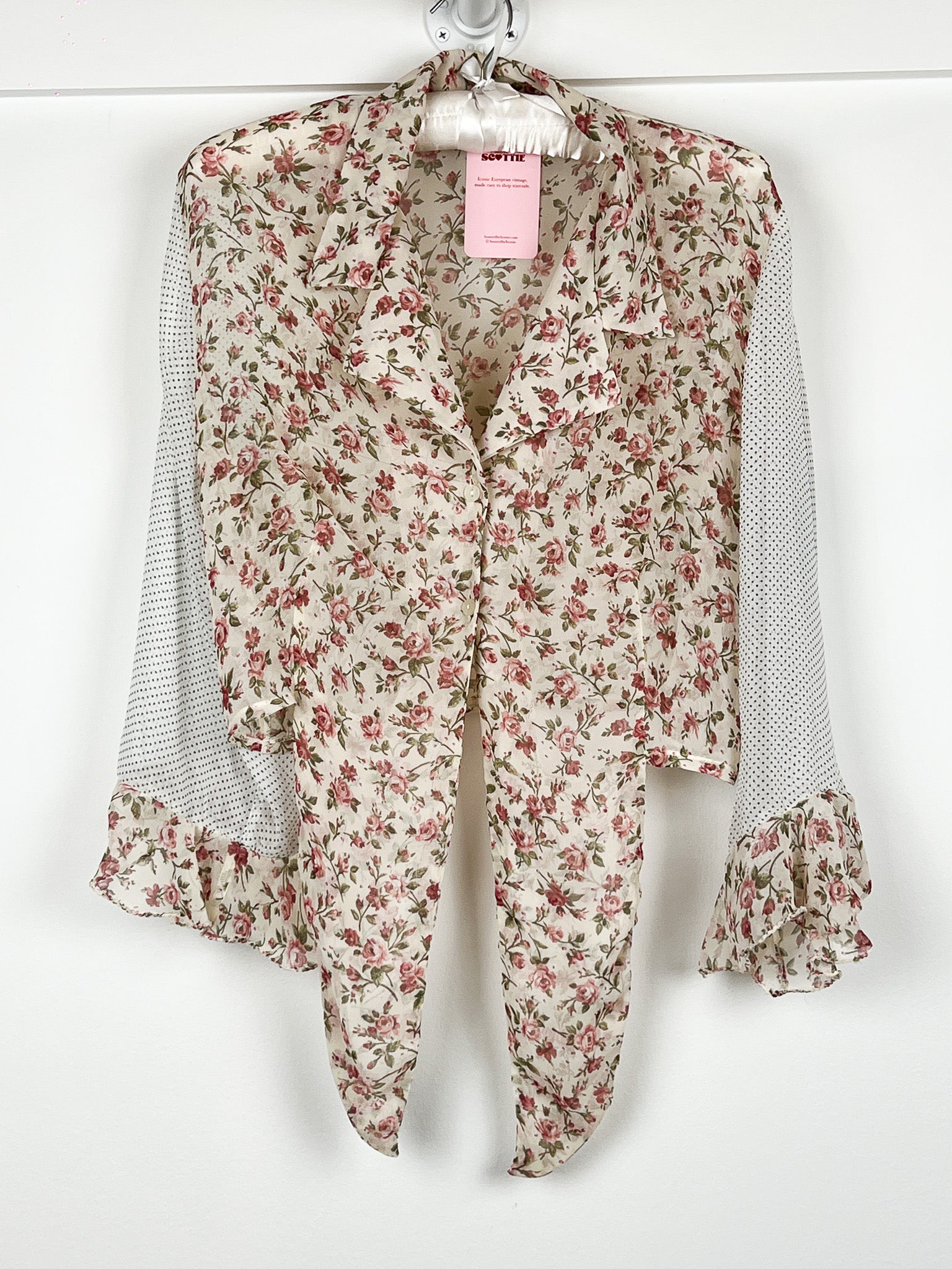 Pinko 2000s Cream Rose Floral Mixed Print Tie Front Ruffle Cuff Blouse - S
