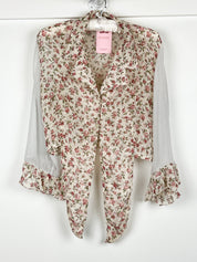 Pinko 2000s Cream Rose Floral Mixed Print Tie Front Ruffle Cuff Blouse - S