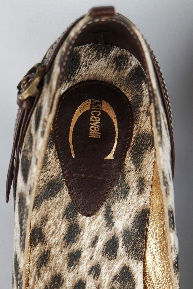 Just Cavalli Canvas Snow Leopard Heels with Brown Leather