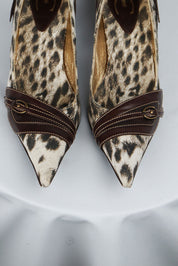 Just Cavalli Canvas Snow Leopard Heels with Brown Leather