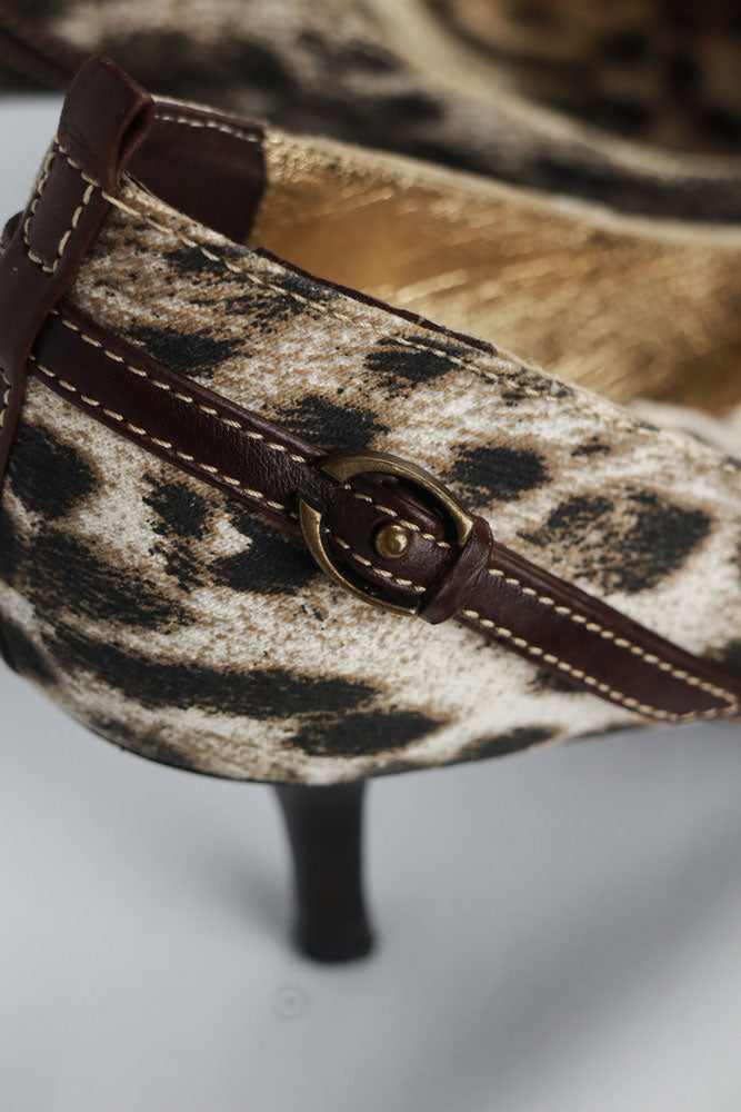 Just Cavalli Canvas Snow Leopard Heels with Brown Leather