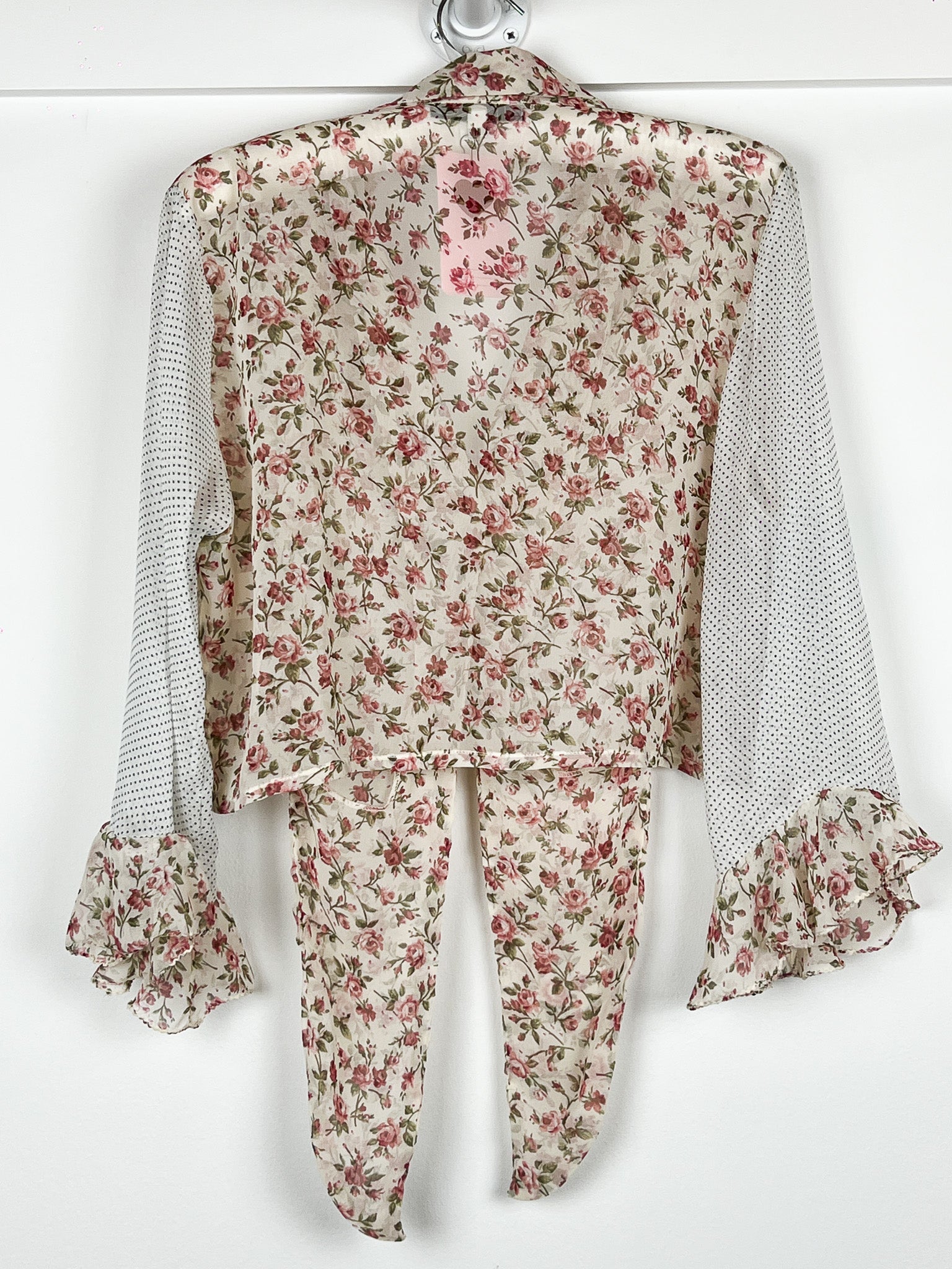 Pinko 2000s Cream Rose Floral Mixed Print Tie Front Ruffle Cuff Blouse - S