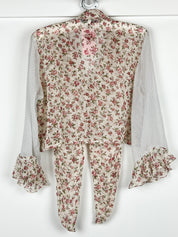 Pinko 2000s Cream Rose Floral Mixed Print Tie Front Ruffle Cuff Blouse - S