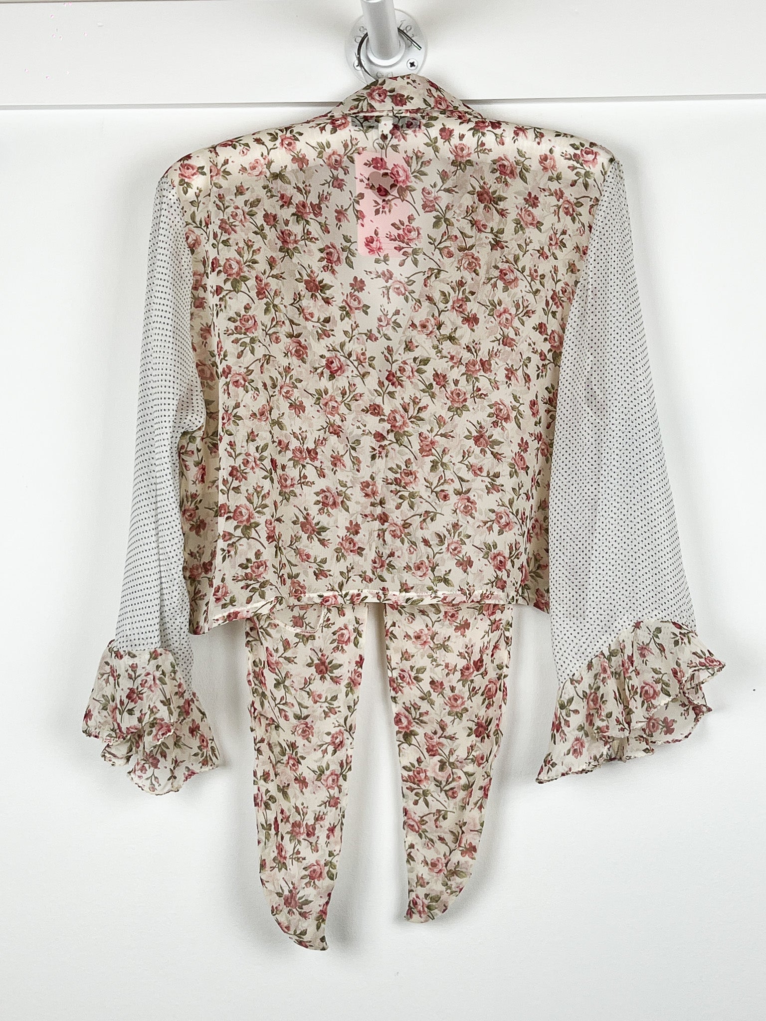 Pinko 2000s Cream Rose Floral Mixed Print Tie Front Ruffle Cuff Blouse - S