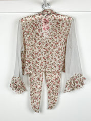 Pinko 2000s Cream Rose Floral Mixed Print Tie Front Ruffle Cuff Blouse - S