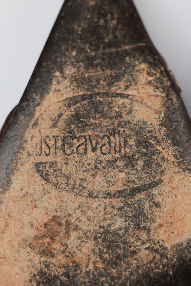 Just Cavalli Canvas Snow Leopard Heels with Brown Leather