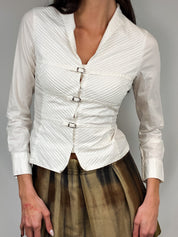 Naracamicie 2000s Cream Pintuck Clasp-Front Fitted Blouse - S