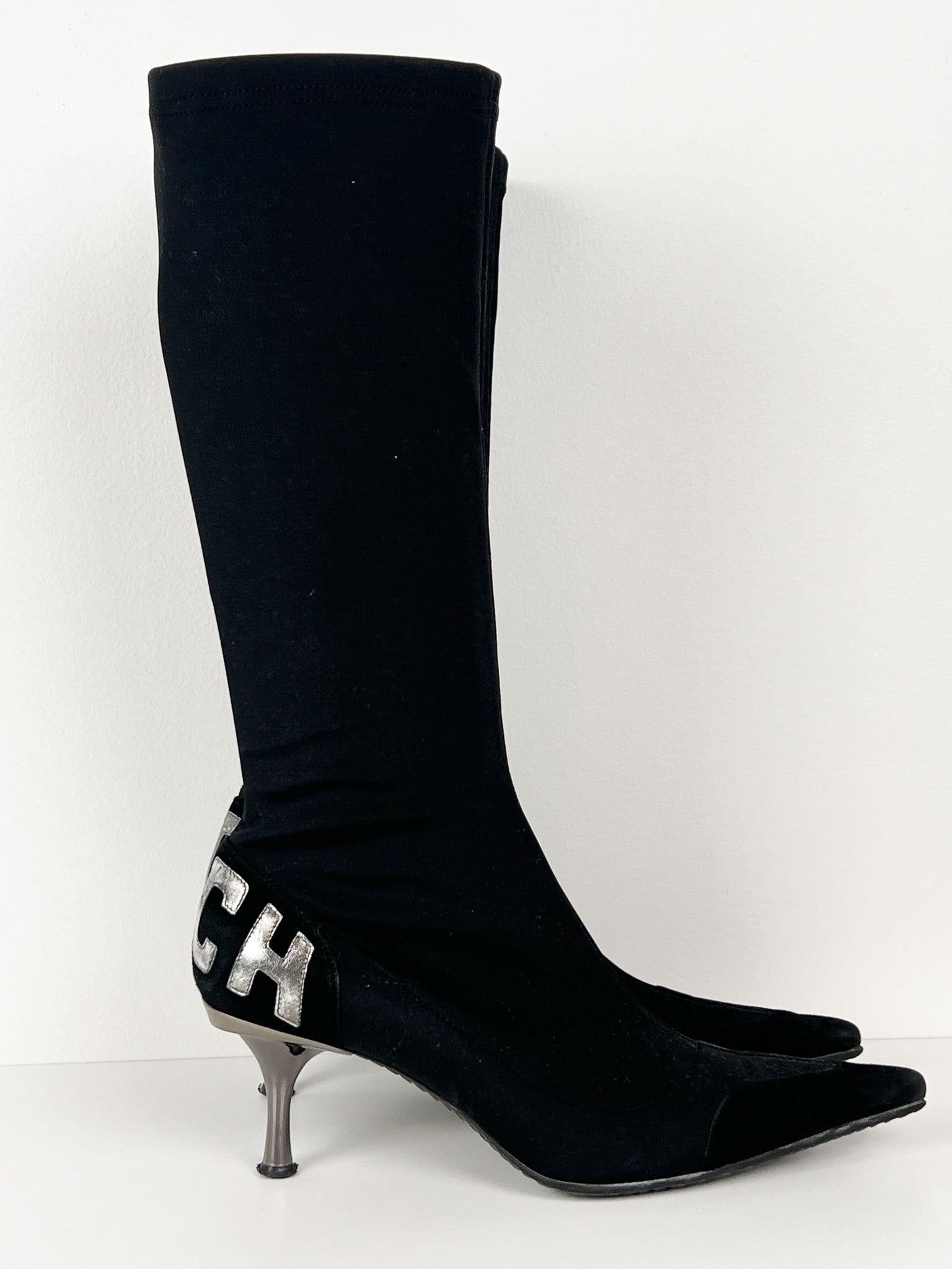 John Richmond 2000s Black RICH Logo Stretch Sock Kitten Heel Boots - EU 38