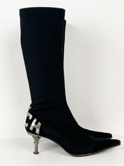 John Richmond 2000s Black RICH Logo Stretch Sock Kitten Heel Boots - EU 38