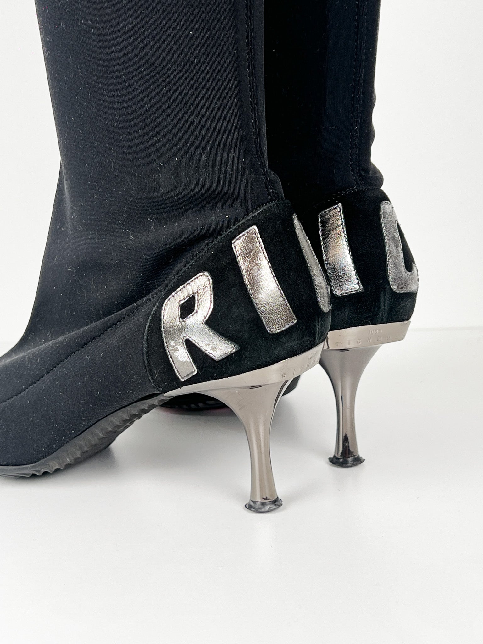 John Richmond 2000s Black RICH Logo Stretch Sock Kitten Heel Boots - EU 38