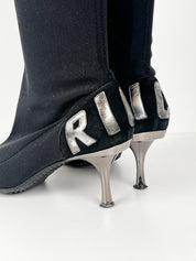 John Richmond 2000s Black RICH Logo Stretch Sock Kitten Heel Boots - EU 38