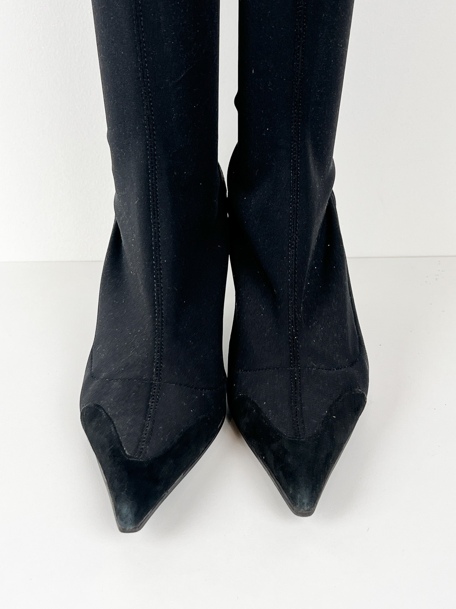 John Richmond 2000s Black RICH Logo Stretch Sock Kitten Heel Boots - EU 38