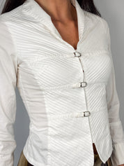 Naracamicie 2000s Cream Pintuck Clasp-Front Fitted Blouse - S