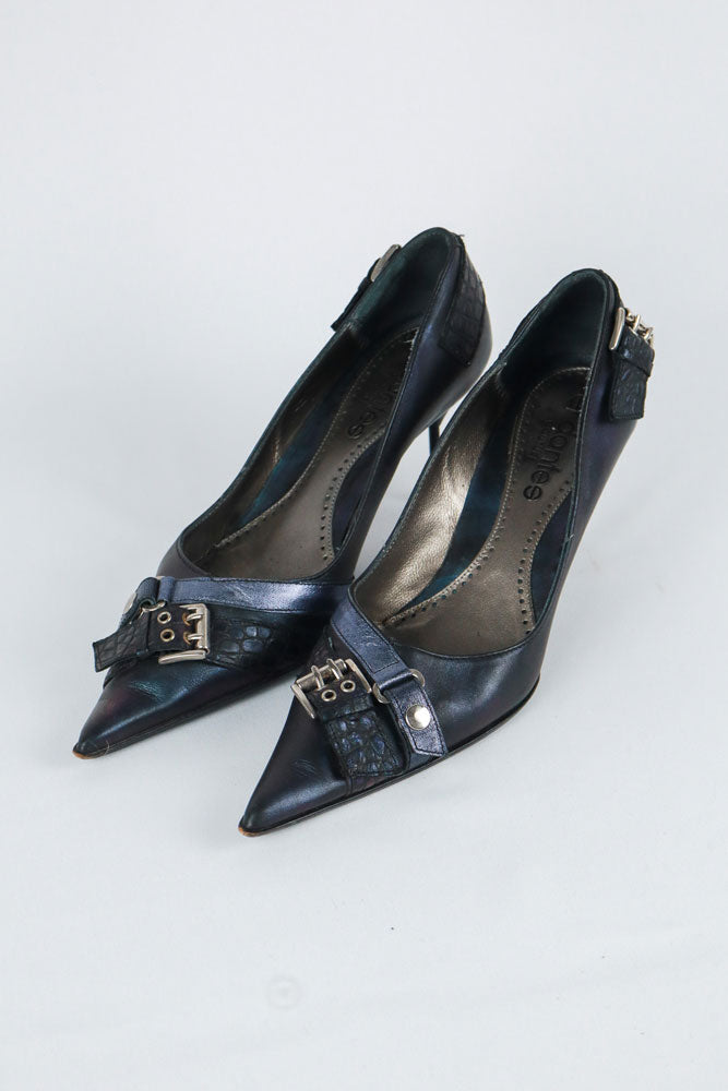 El Dantès Iridescent Heels with Metallic Strap and Croc Detail