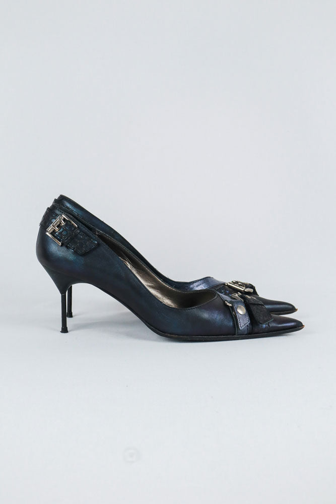 El Dantès Iridescent Heels with Metallic Strap and Croc Detail