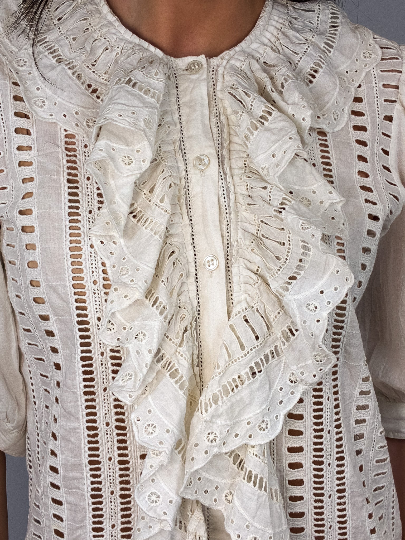 Blumarine White Ruffled Crochet Blouse - S/M