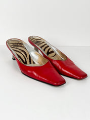 Vicini 2000s Red Leather Square Toe Kitten Heel Mules - EU 37