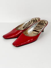 Vicini 2000s Red Leather Square Toe Kitten Heel Mules - EU 37