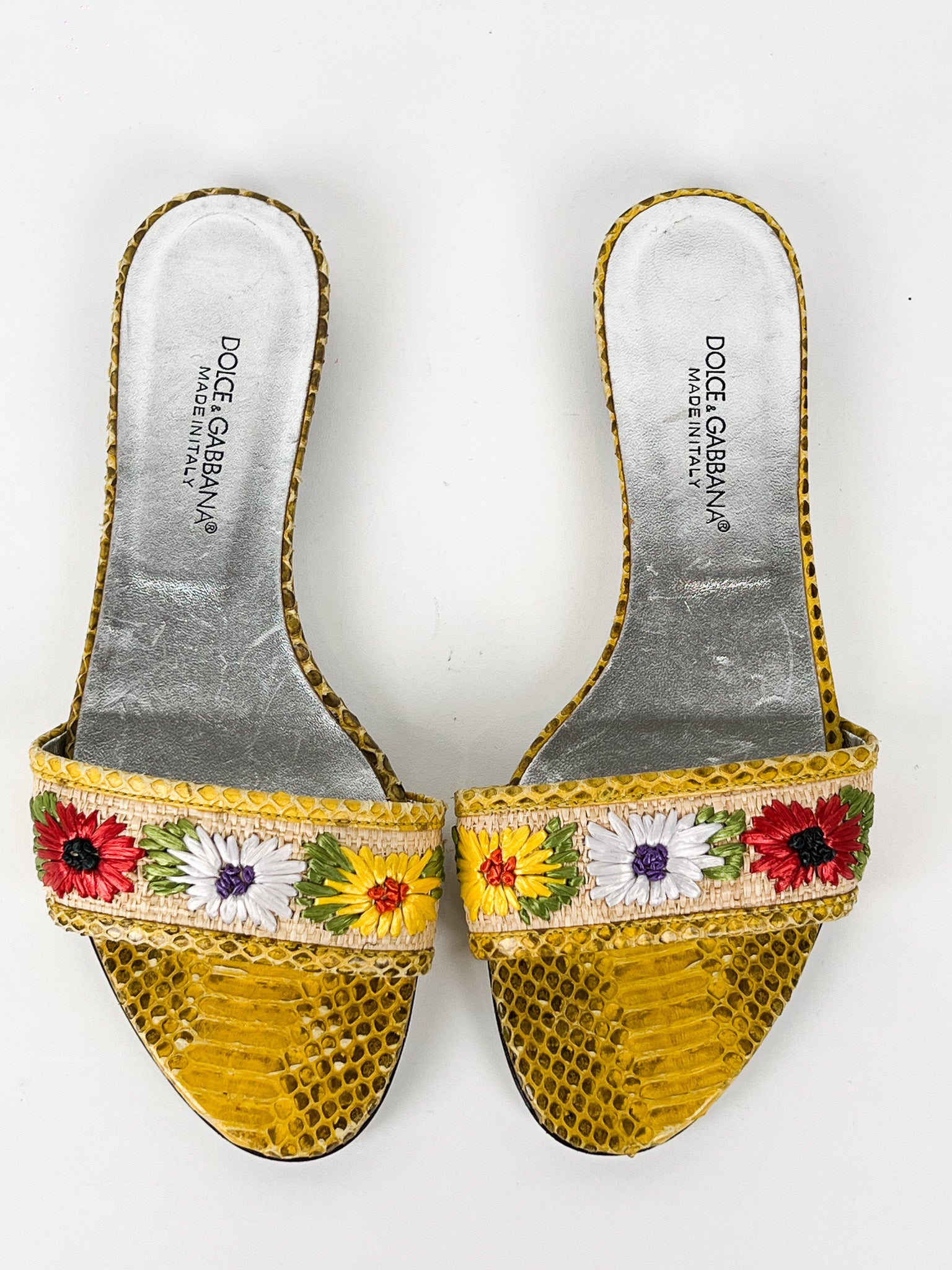 Dolce & Gabbana Python Embossed Floral Embroidered Slide Sandals - EU 37.5