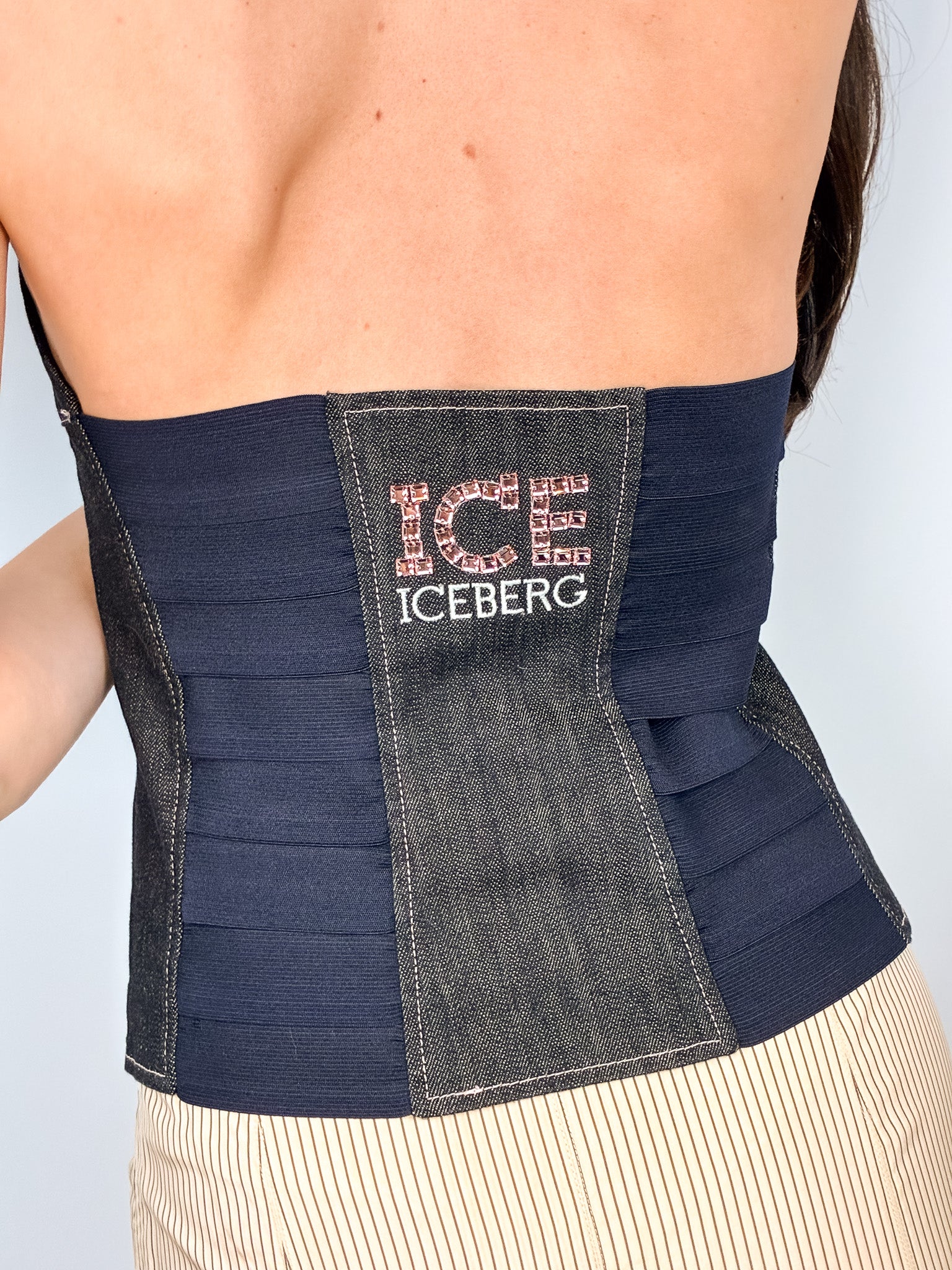 Iceberg 2000s Denim Bandage Halter Corset Top - M