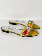 Dolce & Gabbana Python Embossed Floral Embroidered Slide Sandals - EU 37.5