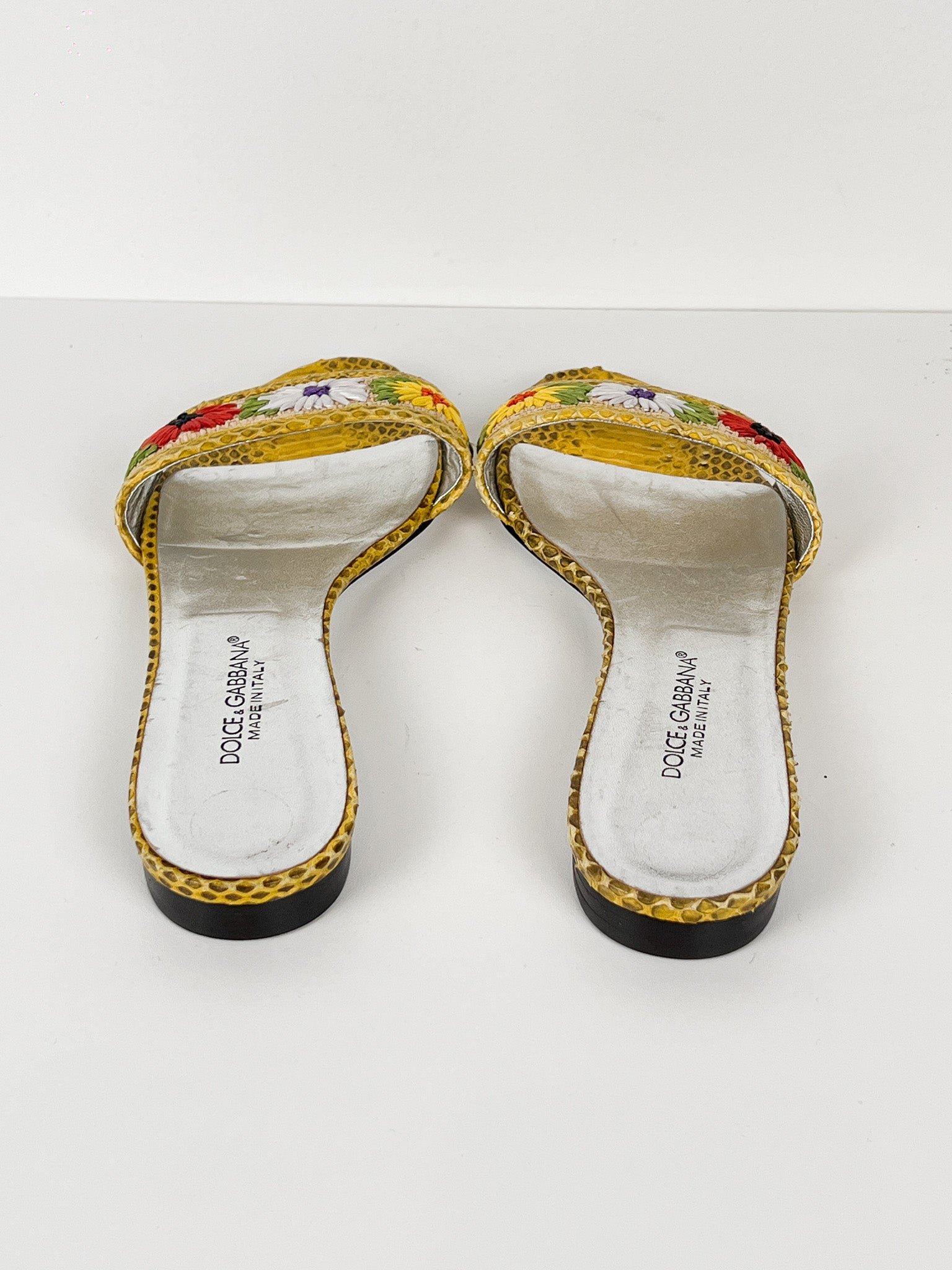 Dolce & Gabbana Python Embossed Floral Embroidered Slide Sandals - EU 37.5
