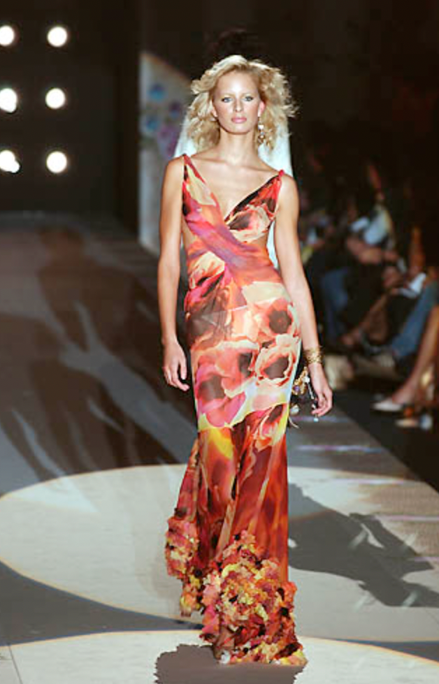 Roberto Cavalli SS 2002 Orange Floral Print Top & Skirt Set - M