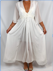 In Bloom by Jonquil Ivory Floral Embroidered Chiffon Robe and Slip Set - M