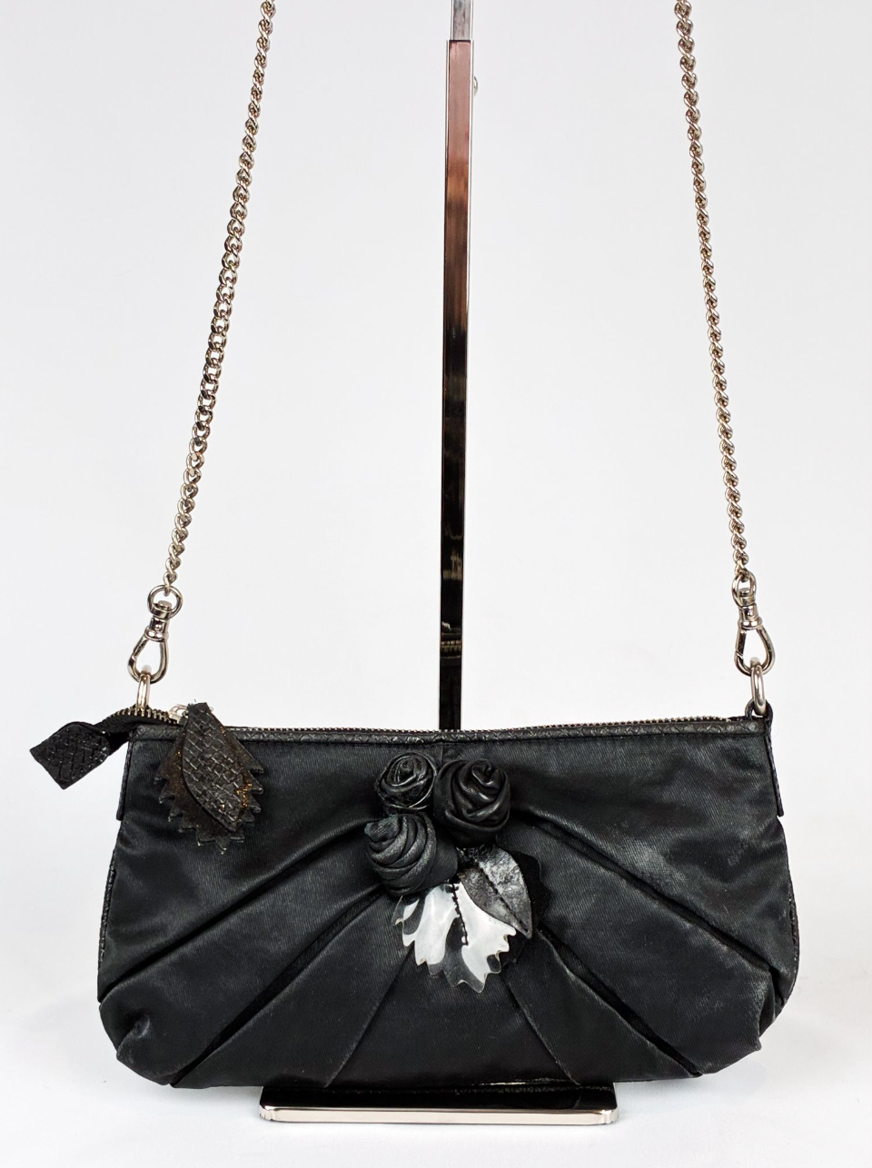 Mariella Burani 2000s Black Satin Leather Rosette Chain Shoulder Bag