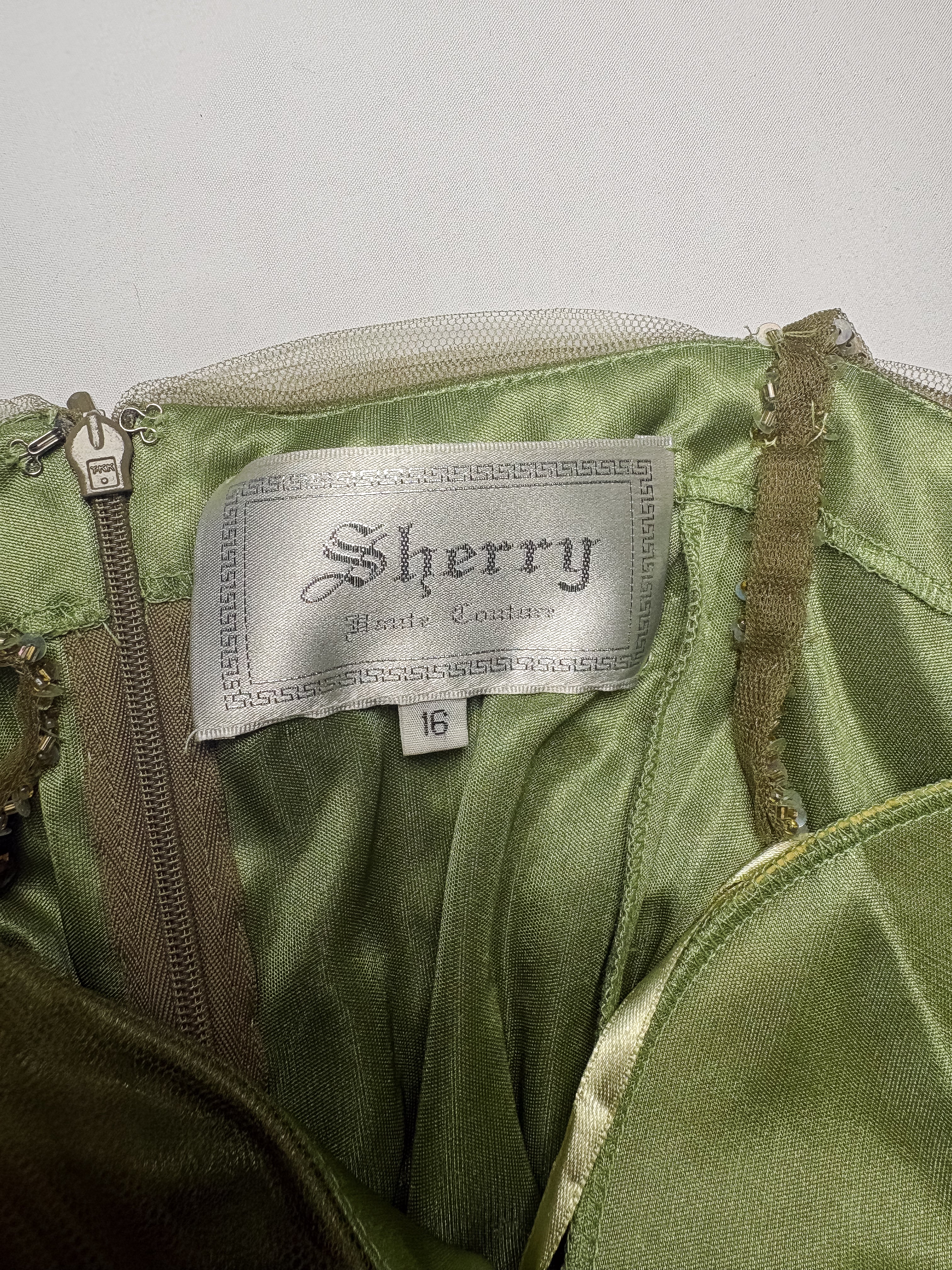 Sherry Haute Couture 2000s Sage Green Silk Beaded Maxi Gown - L/XL
